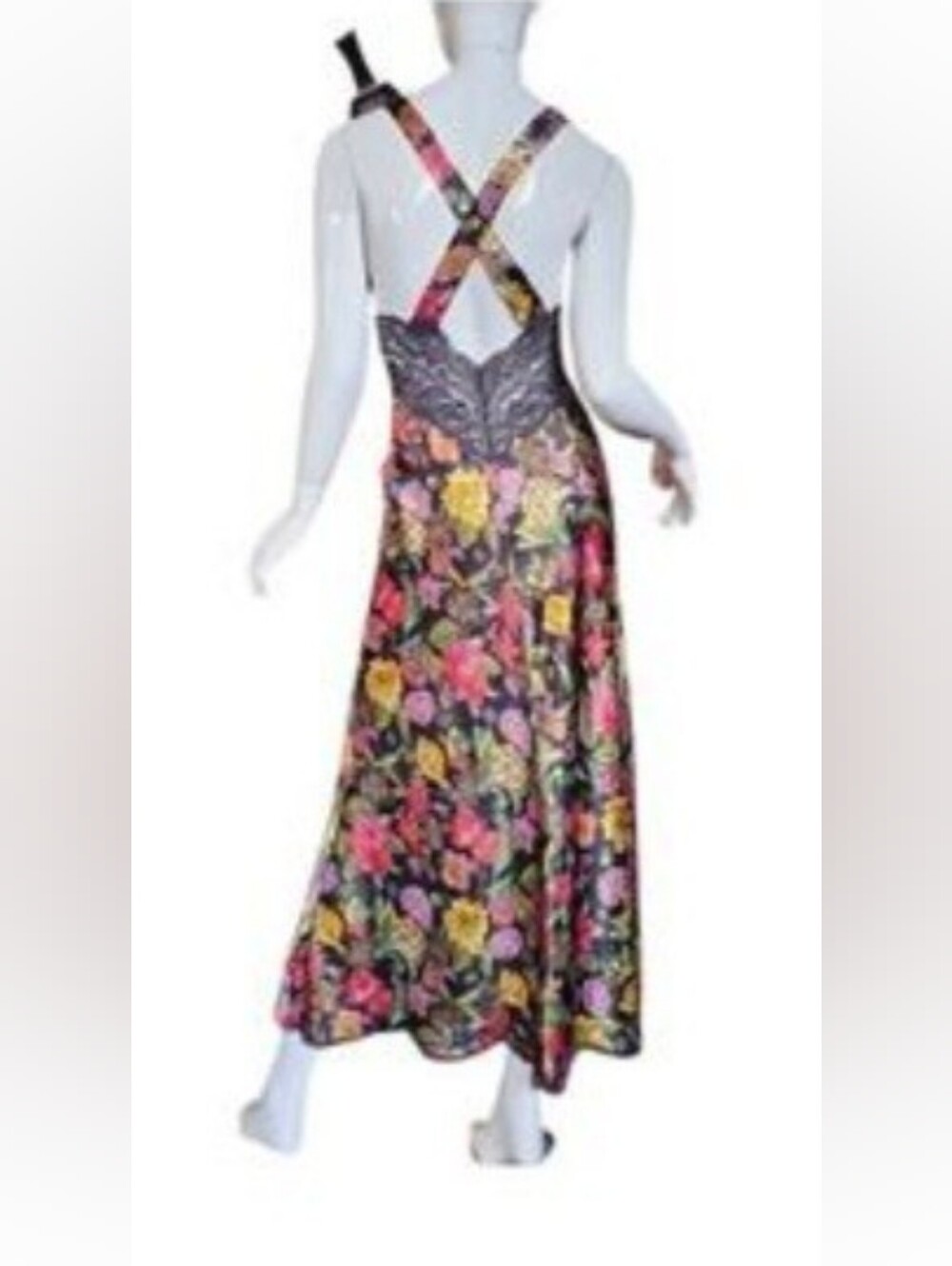 Vanity Fair Vintage Black Floral Lace Maxi Dress with Pink and Yellow Blooms - Picture 13 of 16